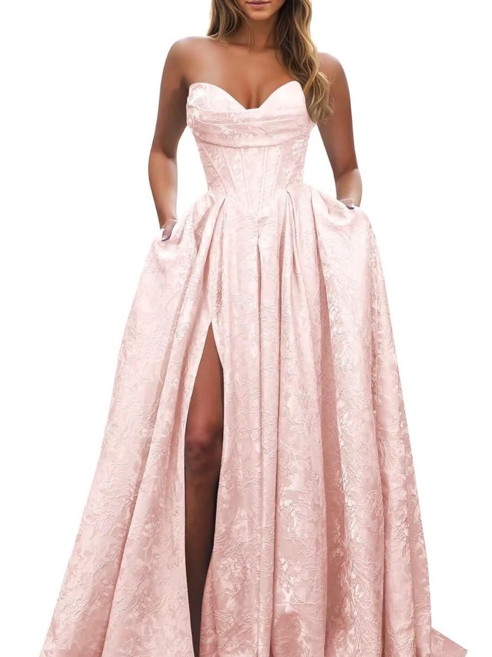 Strapless Blush Pink Ball Gown Dress with Front Slit